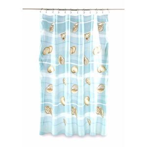 Shell Stripe Vinyl Shower Curtain Nautical Ocean Seaside Wipe Clean 70 x 72 NIP